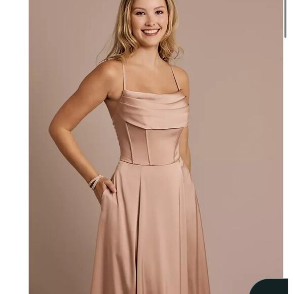 Davids Bridal Bridsemaid Dress Matte Satin Cowl Neck Womens Size 2 Cinnamon Rust - Picture 3 of 12